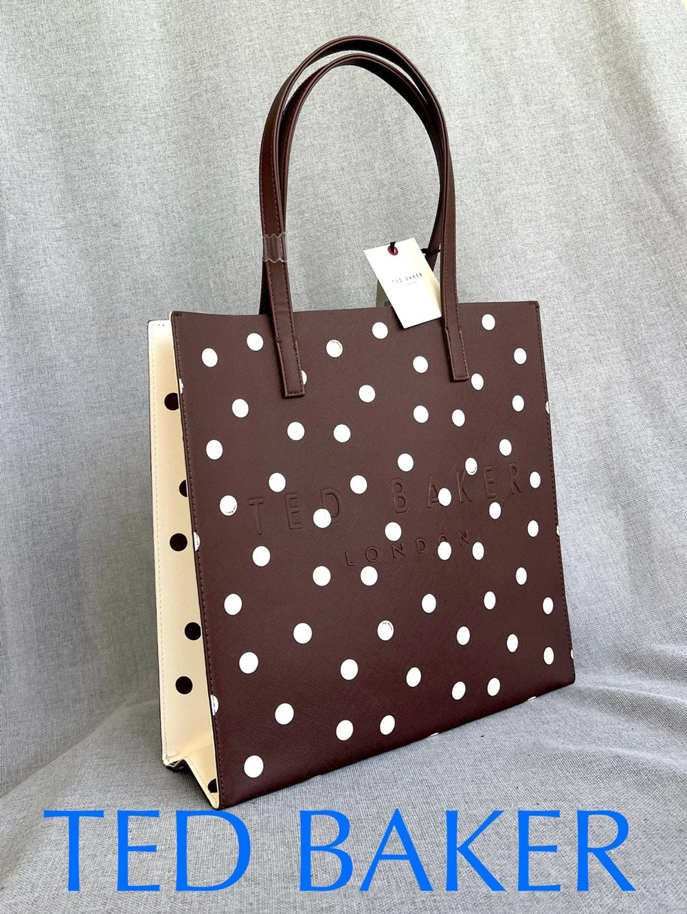 TED BAKER London Icon Polka Dot Saffiano tote shopper brown / cream NWT